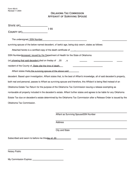 Fillable Form 454-A - Affidavit Of Surviving Spouse - Oklahoma Tax Commission Printable pdf