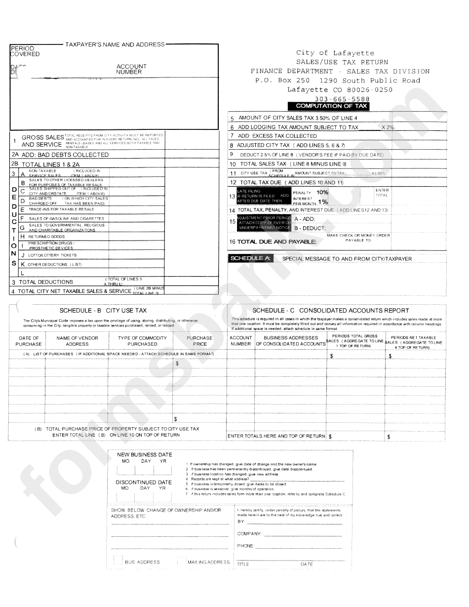 Sales/use Tax Return City Of Lafayette printable pdf download