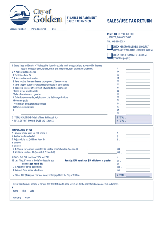 Sales And Use Tax Return - City Of Golden Printable pdf