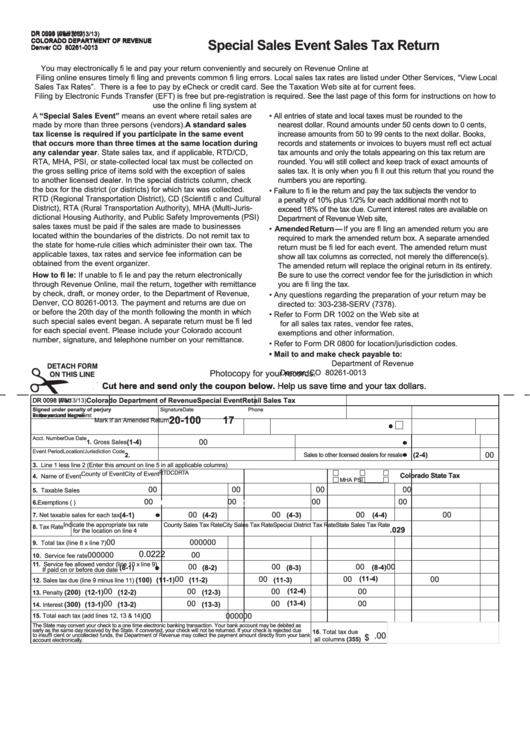 Form Dr 0098 - Special Sales Event Sales Tax Return - Colorado Department Of Revenue Printable pdf