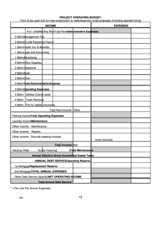 Project Operating Budget Printable pdf