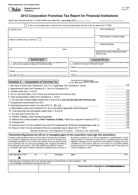 Fillable Form Ft 1120fi - Corporation Franchise Tax Report For Financial Institutions - Ohio Department Of Taxation - 2012 Printable pdf