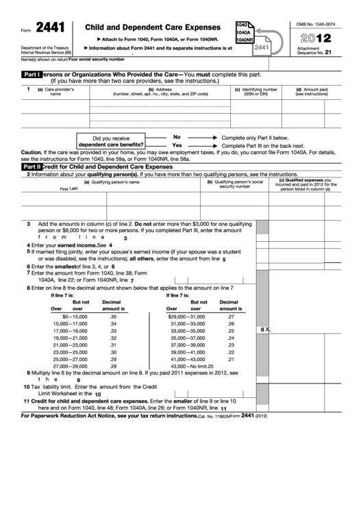 Fillable Form 2441 - Child And Dependent Care Expenses - 2012 Printable pdf