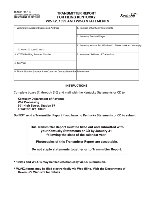 Form 42a806 - Transmitter Report For Filing Kentucky W2/k2, 1099 And W2-G Statements Printable pdf