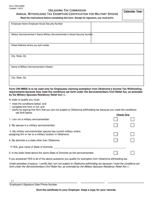 Fillable Form Ow-9-Mse - Annual Withholding Tax Exemption Certification For Military Spouse - Oklahoma Tax Commission Printable pdf