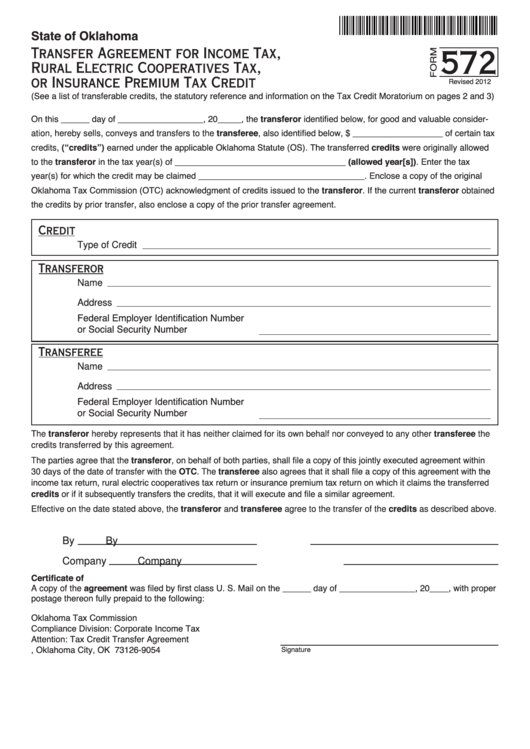 Fillable Form 572 - Transfer Agreement For Income Tax, Rural Electric Cooperatives Tax, Or Insurance Premium Tax Credit - Oklahoma Tax Commission Printable pdf