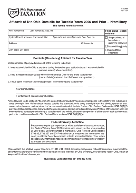 Fillable Form It Da-Nm - Affidavit Of Non-Ohio Domicile For Taxable Years 2006 And Prior - Nonmilitary Printable pdf