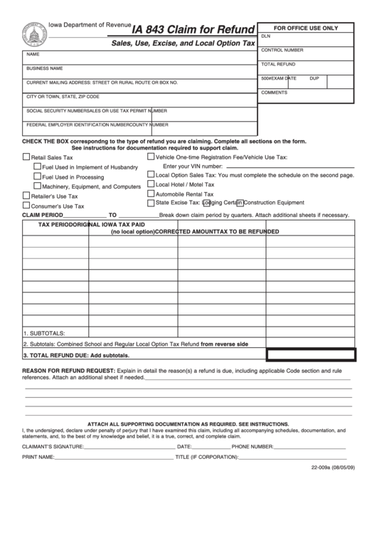 Form Ia 843 - Claim For Refund Printable pdf