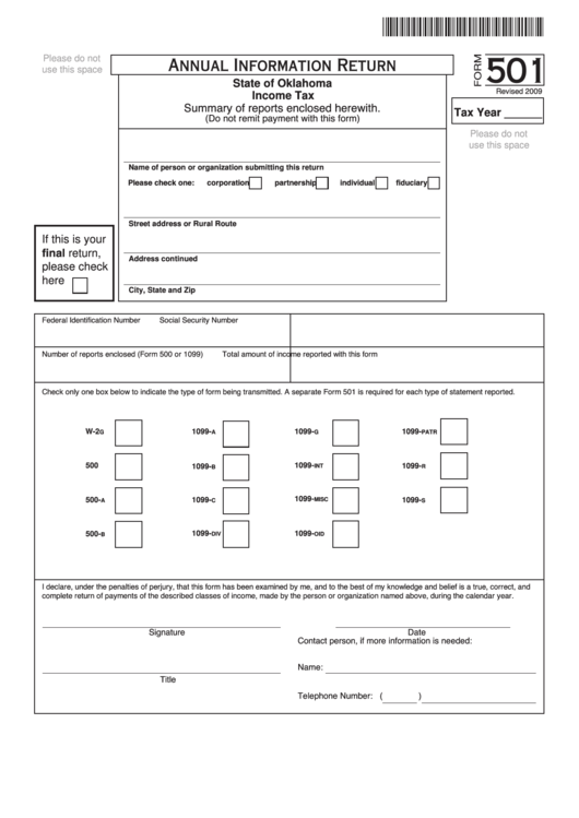 Fillable Form 501 - Annual Information Return - State Of Oklahoma Income Tax Printable pdf