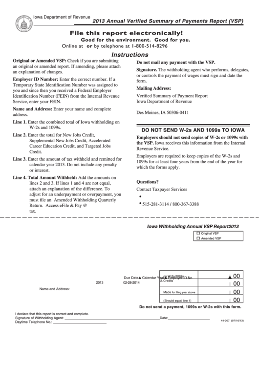 Form 44-007 - Iowa Withholding Annual Vsp Report - 2013 Printable pdf