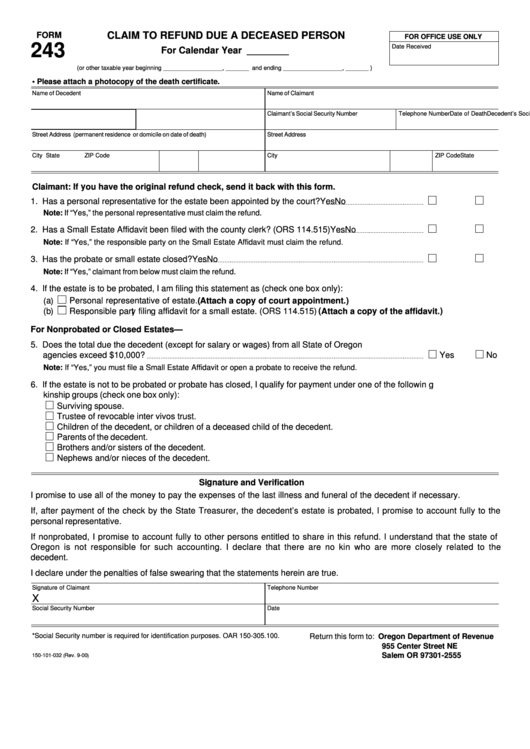 Form 243 - Claim To Refund Due A Deceased Person Printable pdf