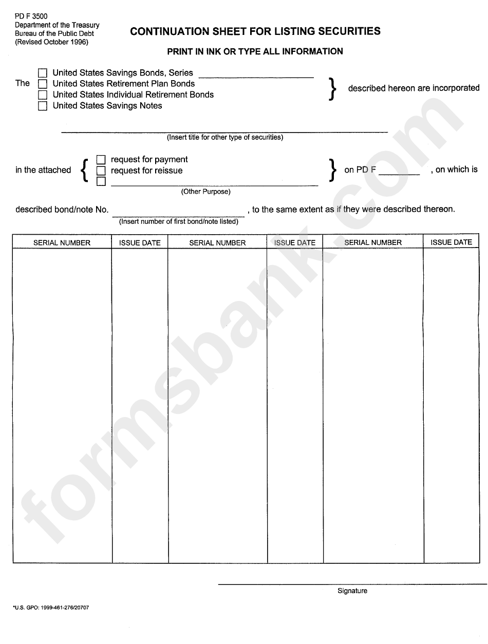 Form Pd F 3500 - Continuation Sheet For Listing Securities
