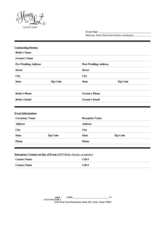 Wedding Cake Order Form Printable pdf