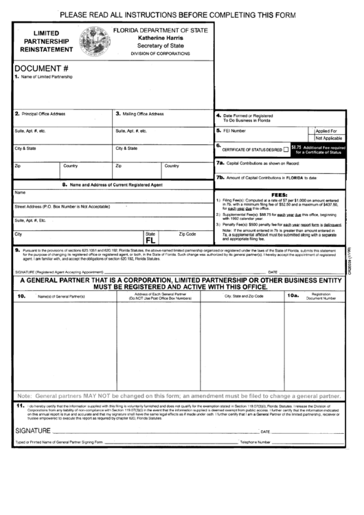 Limited Partnership Reinstatement Form - Florida Department Of State Printable pdf