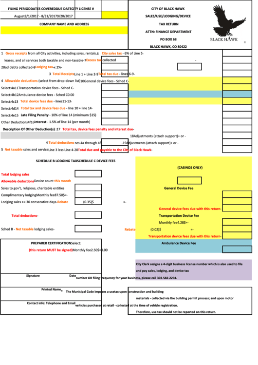 Sales/use/lodging/device Tax Return Form - City Of Black Hawk Printable pdf