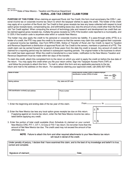 Form Rpd-41243 - Rural Job Tax Credit Claim Form/schedule A Printable pdf