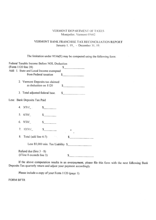 Form Bftr - Vermont Bank Franchise Tax Reconciliation Report Printable pdf