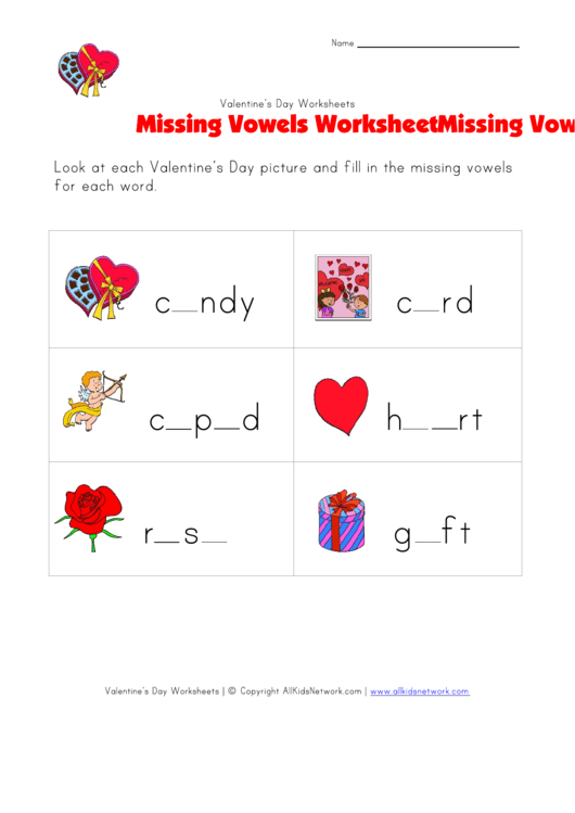 Valentines Day Words Worksheet - Missing Letters Printable pdf