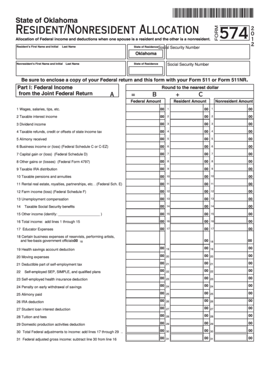 Fillable Form 574 - Resident/nonresident Allocation - 2012 Printable pdf