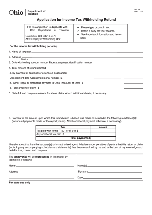 Fillable Form Wt Ar - Application For Income Tax Withholding Refund - Ohio Department Of Taxation Printable pdf