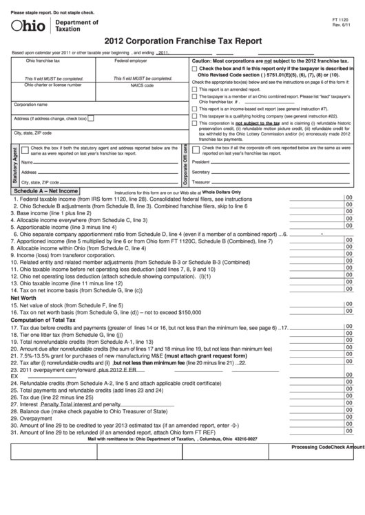 Fillable Form Ft 1120 - Corporation Franchise Tax Report - Ohio Department Of Taxation - 2012 Printable pdf