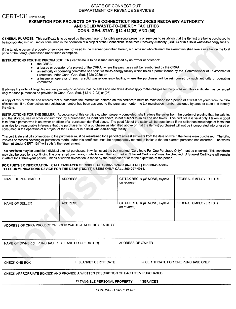 Form Cert-131 - Exemption For Projects Of The Connecticut Resources ...