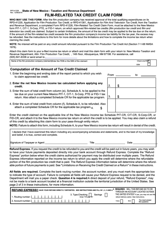 Form Rpd-41228 - Film-Related Tax Credit Claim Form/schedule A Printable pdf