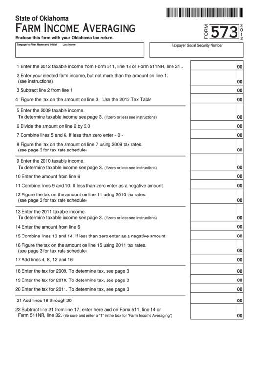 Fillable Form 573 - Farm Income Averaging - State Of Oklahoma - 2012 Printable pdf