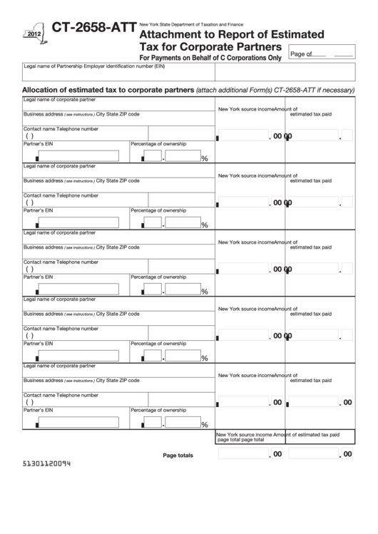 Fillable Form Ct-2658-Att - Attachment To Report Of Estimated Tax For Corporate Partners - 2012 Printable pdf