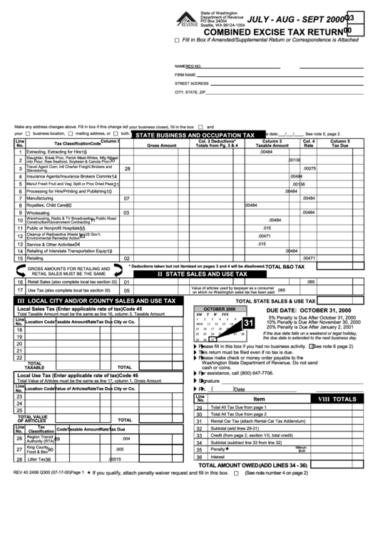 Combined Excise Tax Return Form - July - Aug - Sept 2000 Printable pdf