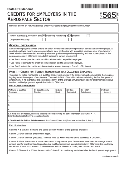 Fillable Form 565 - Credits For Employers In The Aerospace Sector - 2012 Printable pdf