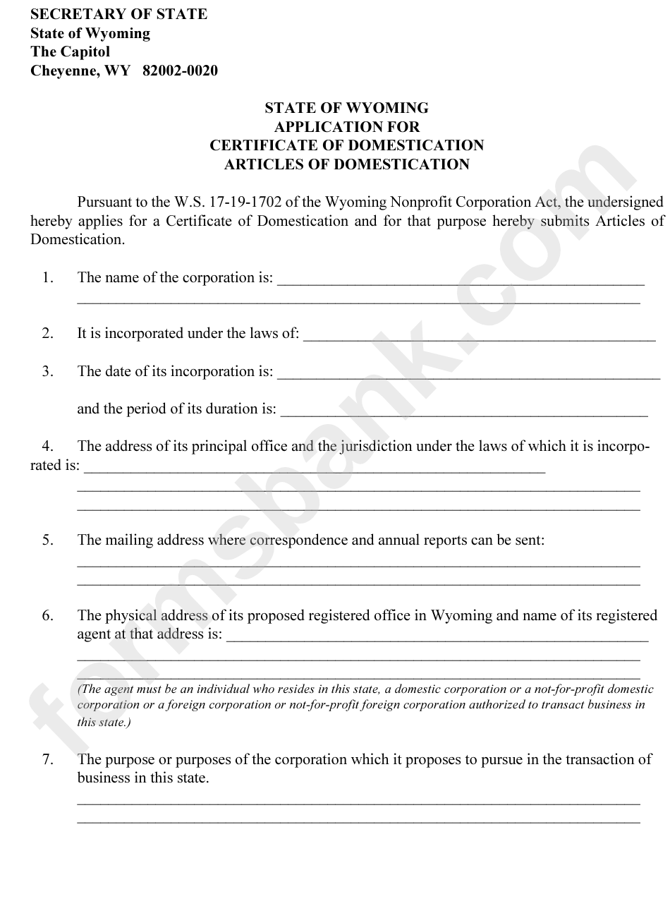 Application For Certificate Of Domestication Articles Of Domestication/consent To Appointment By Registered Agent Form - Secretary Of State