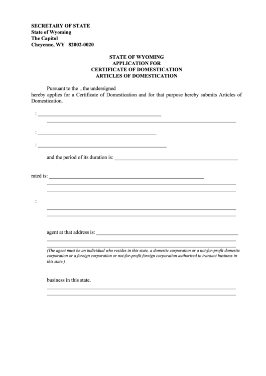 Application For Certificate Of Domestication Articles Of Domestication/consent To Appointment By Registered Agent Form - Secretary Of State Printable pdf
