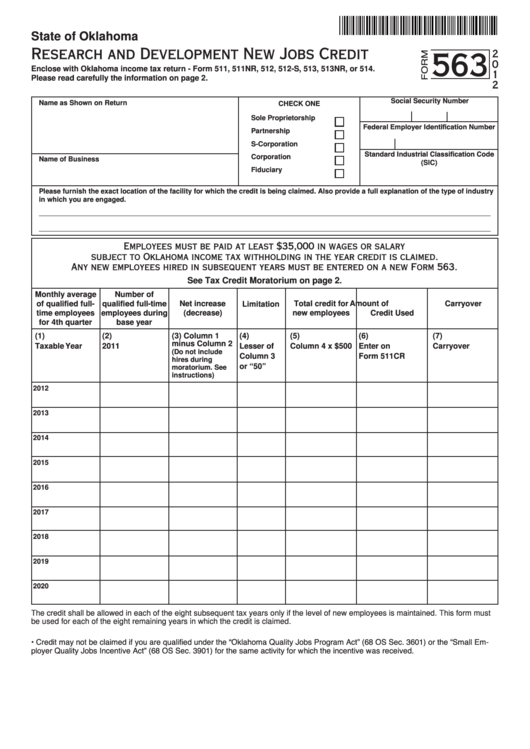 Fillable Form 563 - Research And Development New Jobs Credit - 2012 Printable pdf
