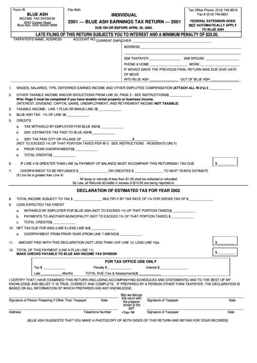Fillable Form Ir - Blue Ash Earnings Tax Return - 2001 Printable pdf