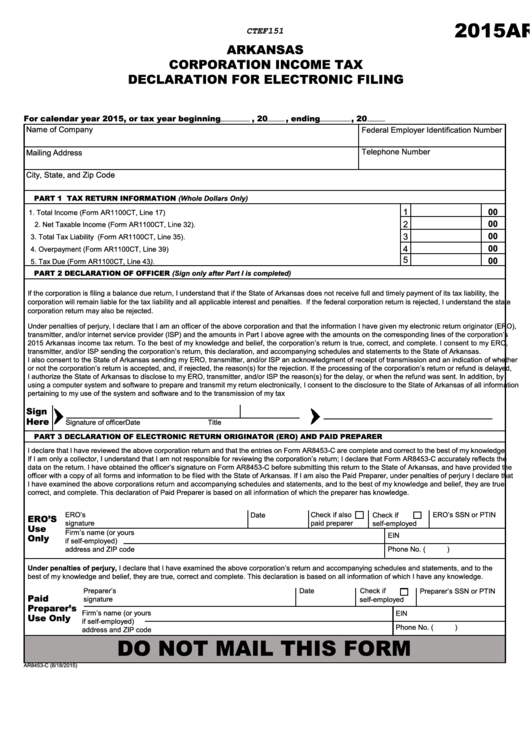 Form Ar8453-C - Corporation Income Tax Declaration For Electronic Filing - 2015 Printable pdf