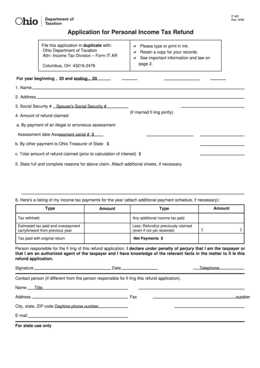 Fillable Form It Ar - Application For Personal Income Tax Refund - Ohio Department Of Taxation Printable pdf