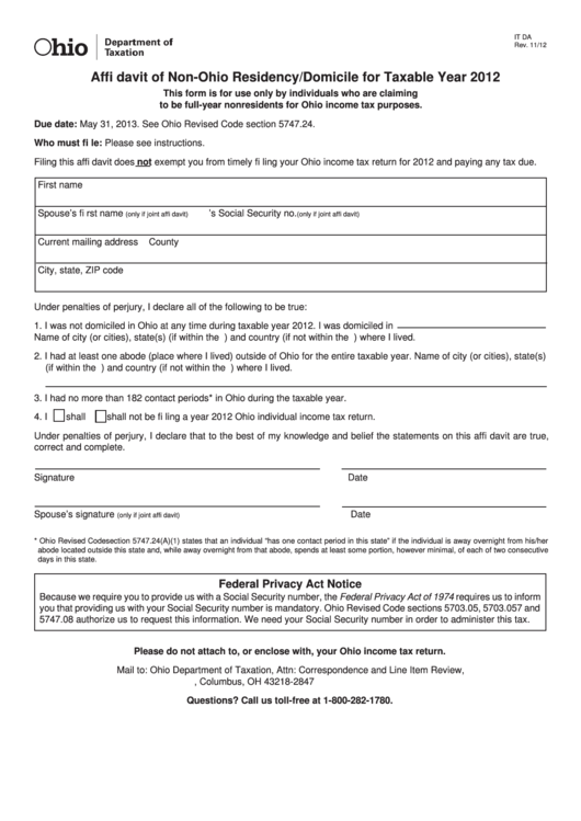 Fillable Form It Da - Affidavit Of Non-Ohio Residency/domicile For Taxable Year 2012 Printable pdf