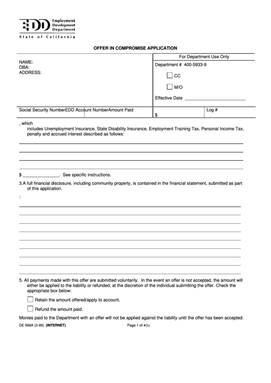 Form De 999a - Offer In Compromise Application - 1999 Printable pdf