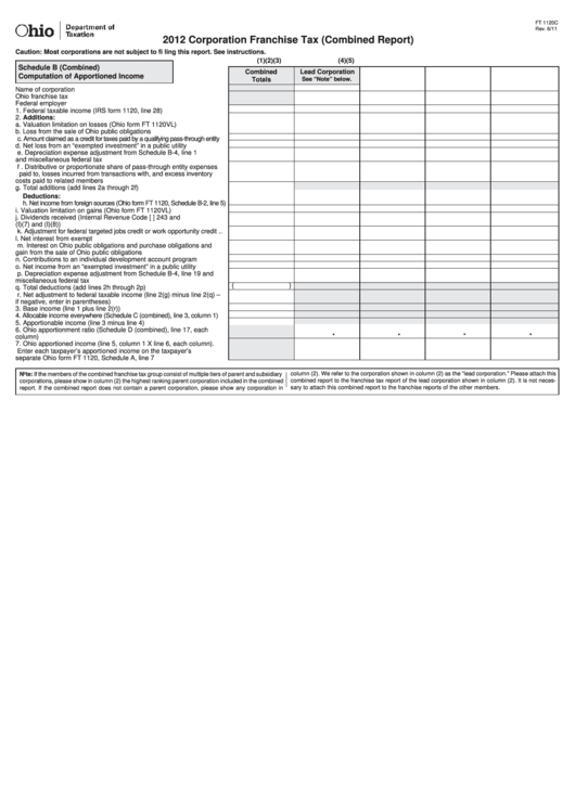 Fillable Form Ft 1120c - Corporation Franchise Tax (Combined Report) - Ohio Department Of Taxation - 2012 Printable pdf