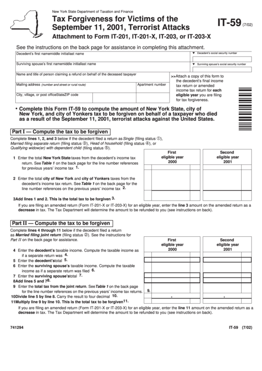 Fillable Form It-59 - Tax Forgiveness For Victims Of The September 11, 2001, Terrorist Attacks - Attachment To Form It-201, It-201-X, It-203, Or It-203-X Printable pdf