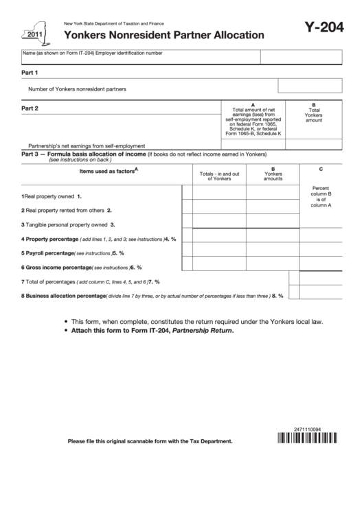 Fillable Form Y-204 - Yonkers Nonresident Partner Allocation - 2011 Printable pdf