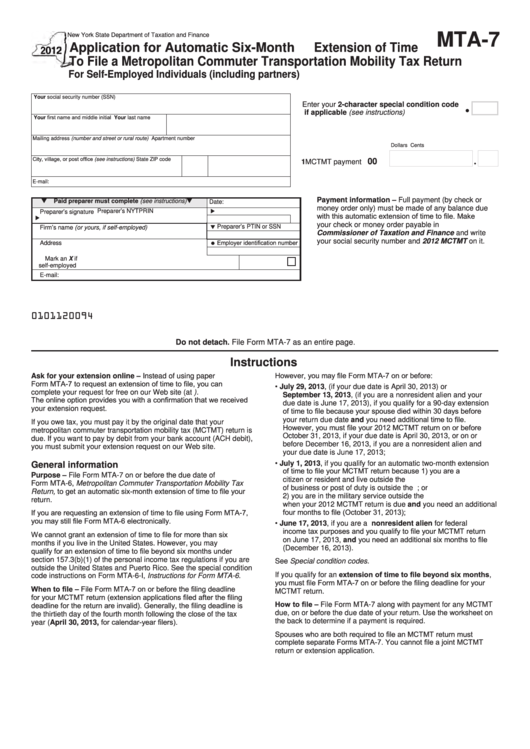 Fillable Form Mta-7 - Application For Automatic Six-Month Extension Of Time To File A Metropolitan Commuter Transportation Mobility Tax Return For Self-Employed Individuals (Including Partners) - 2012 Printable pdf