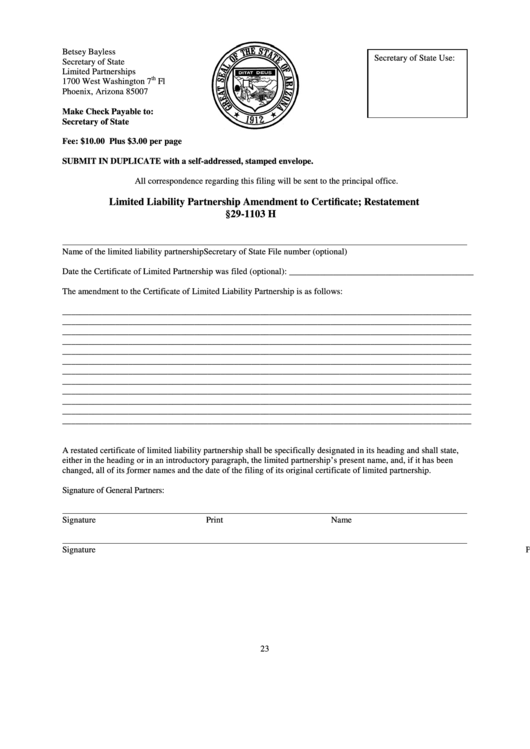 Fillable Limited Liability Partnership Amendment To Certificate; Restatement Form - Secretary Of State Printable pdf