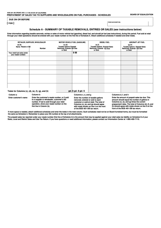 Fillable Form Boe-531-Ab - Prepayment Of Sales Tax To Suppliers And Wholesalers On Fuel Purchases - Schedules Printable pdf