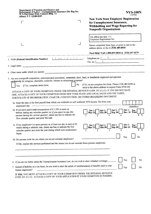 Fillable Form Nys-100n - New York State Employer Registration For Unemployment Insurance, Withholding And Wage Reporting For Nonprofit Organizations Printable pdf