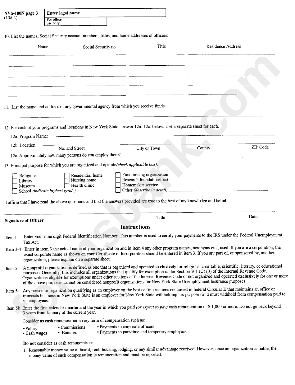 Form Nys-100n - New York State Employer Registration For Unemployment Insurance, Withholding And Wage Reporting For Nonprofit Organizations