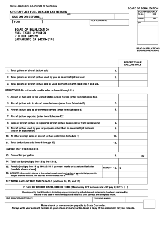 Fillable Form Boe-501-Mj - Aircraft Jet Fuel Dealer Tax Return Printable pdf