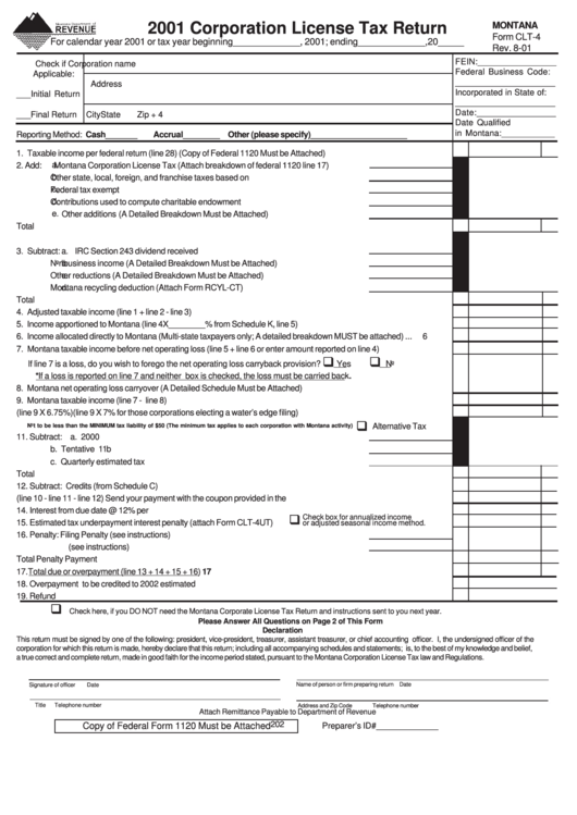 Montana Form Clt-4 - Corporation License Tax Return - 2001 Printable pdf