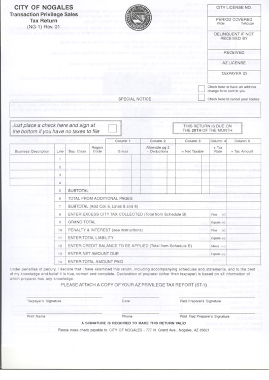 Form Ng-1 - Transaction Privilege Sales Tax Return - City Of Nogales Printable pdf